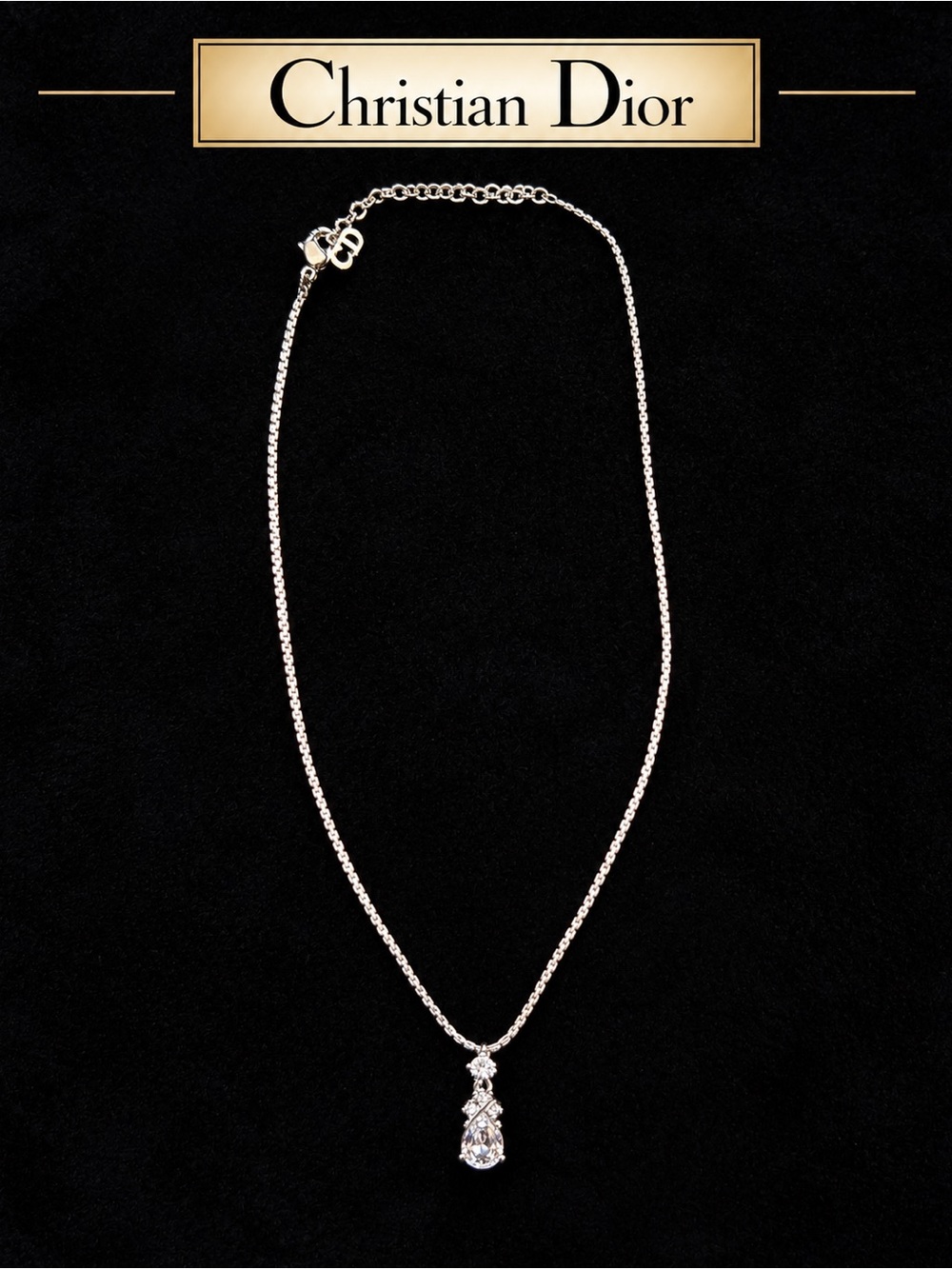 Vintage Christian Dior Crystal Teardrop Necklace Signed CD. Costume Jewelry